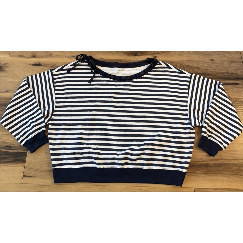Hollister Womens L Navy White Striped Sweatshirt Ribbon Tie Sailor Coastal